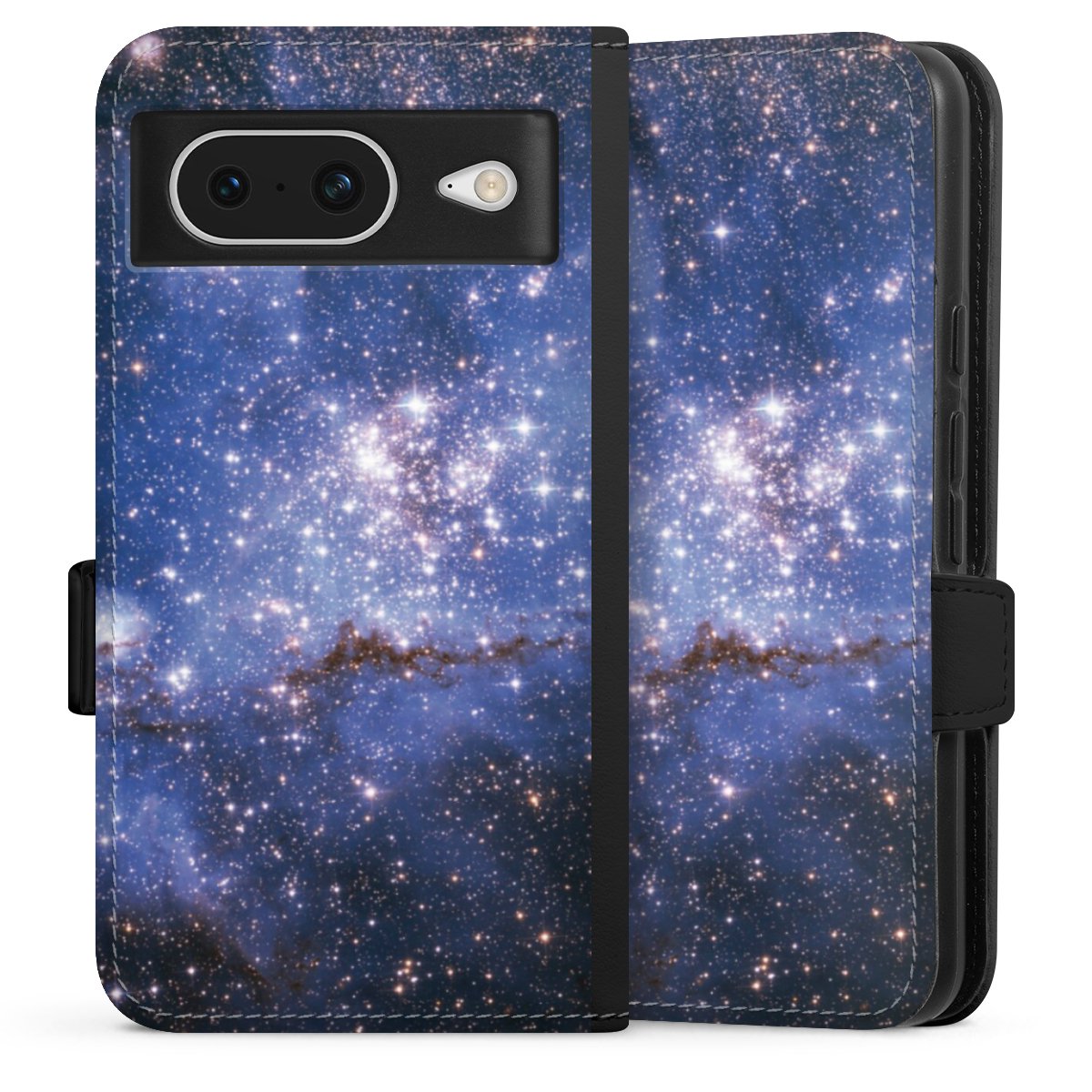 Google Pixel 8 Handy Klapphülle Handyhülle aus Kunst Leder schwarz Flip Case Weltall Galaxy Weltraum Sideflip mit Lasche