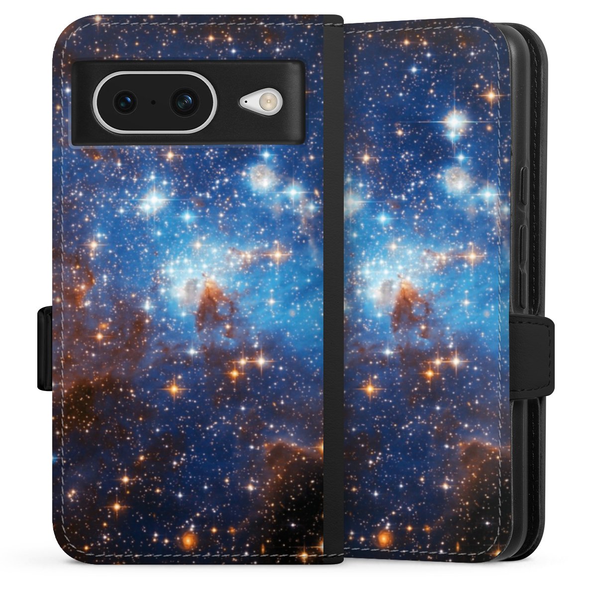 Google Pixel 8 Handy Klapphülle Handyhülle aus Kunst Leder schwarz Flip Case Star Weltall Galaxy Sideflip mit Lasche