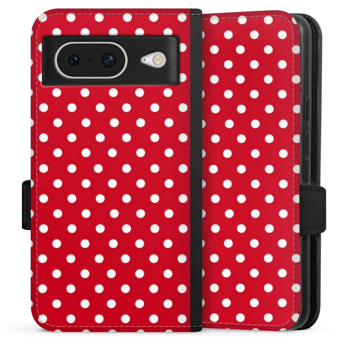 Google Pixel 8 Handy Klapphülle Handyhülle aus Kunst Leder schwarz Flip Case Points Polka Dots Retro Sideflip mit Lasche