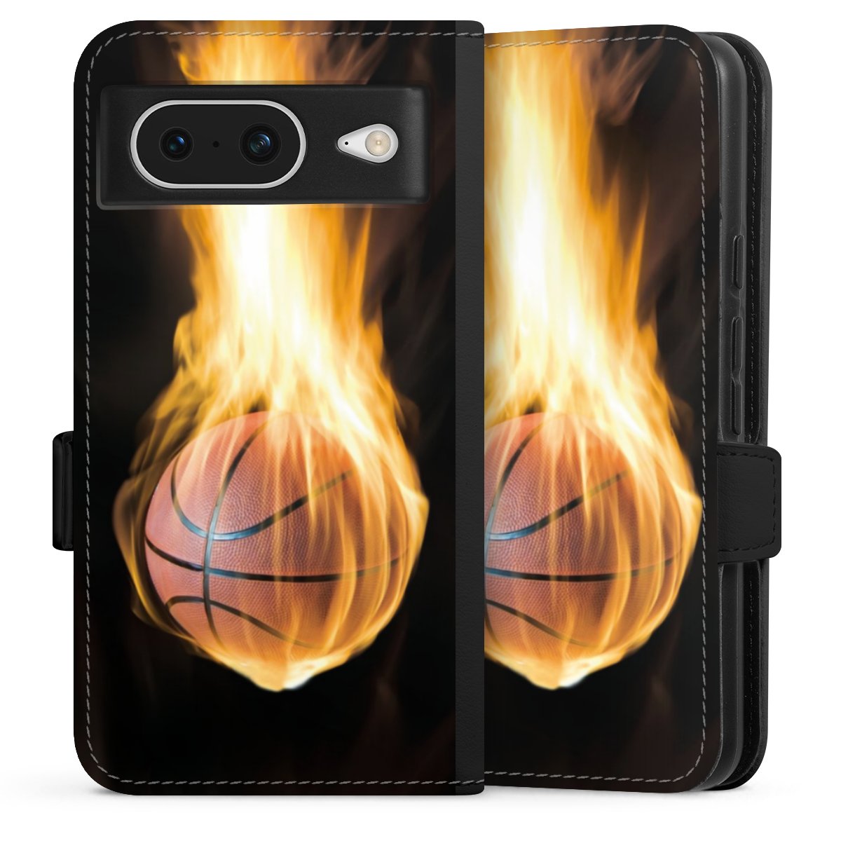 Google Pixel 8 Handy Klapphülle Handyhülle aus Kunst Leder schwarz Flip Case Basketball Sports Fire Sideflip mit Lasche