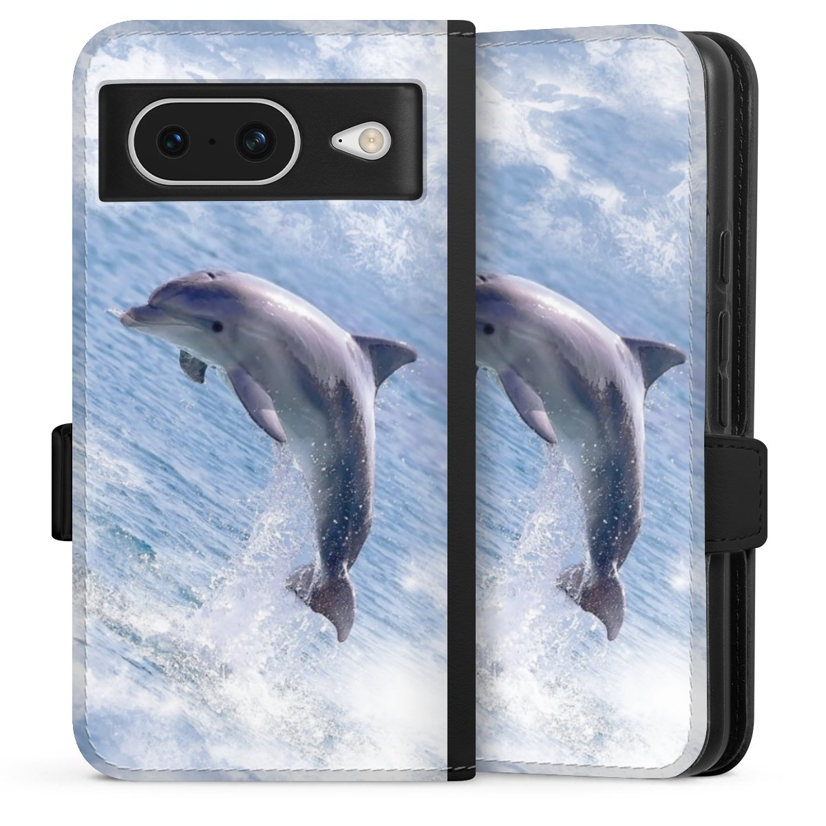 Google Pixel 8 Handy Klapphülle Handyhülle aus Kunst Leder schwarz Flip Case Dolphin Ocean Wale Sideflip mit Lasche