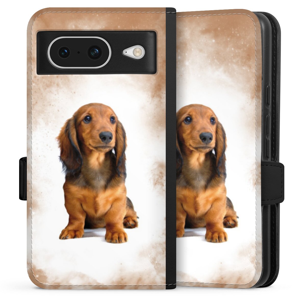 Google Pixel 8 Handy Klapphülle Handyhülle aus Kunst Leder schwarz Flip Case Dog Pet Dachshund Sideflip mit Lasche