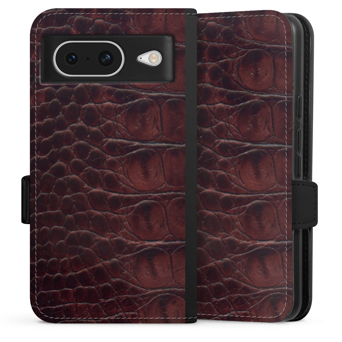 Google Pixel 8 Handy Klapphülle Handyhülle aus Kunst Leder schwarz Flip Case Crocodile Animal Print Leather Sideflip mit Lasche