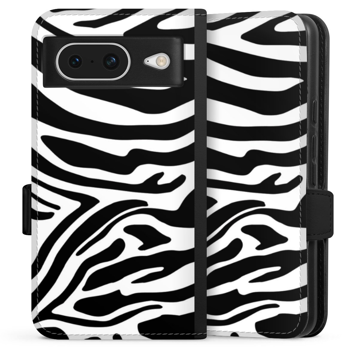 Google Pixel 8 Handy Klapphülle Handyhülle aus Kunst Leder schwarz Flip Case Zebra Animal Look Animal Print Sideflip mit Lasche