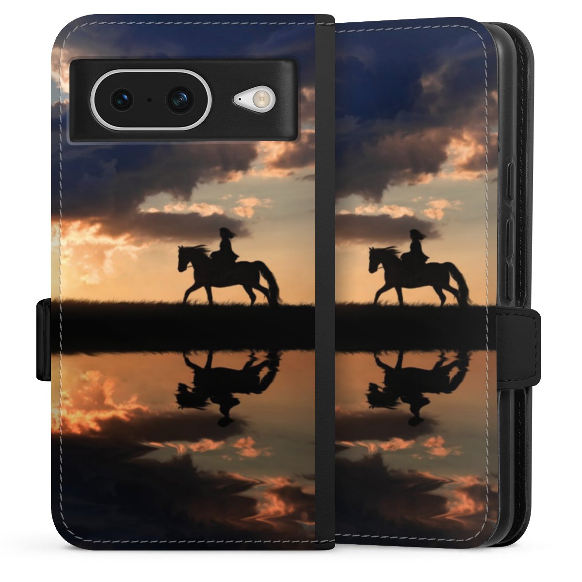 Google Pixel 8 Handy Klapphülle Handyhülle aus Kunst Leder schwarz Flip Case Horse Sunset Horseback Riding Sideflip mit Lasche