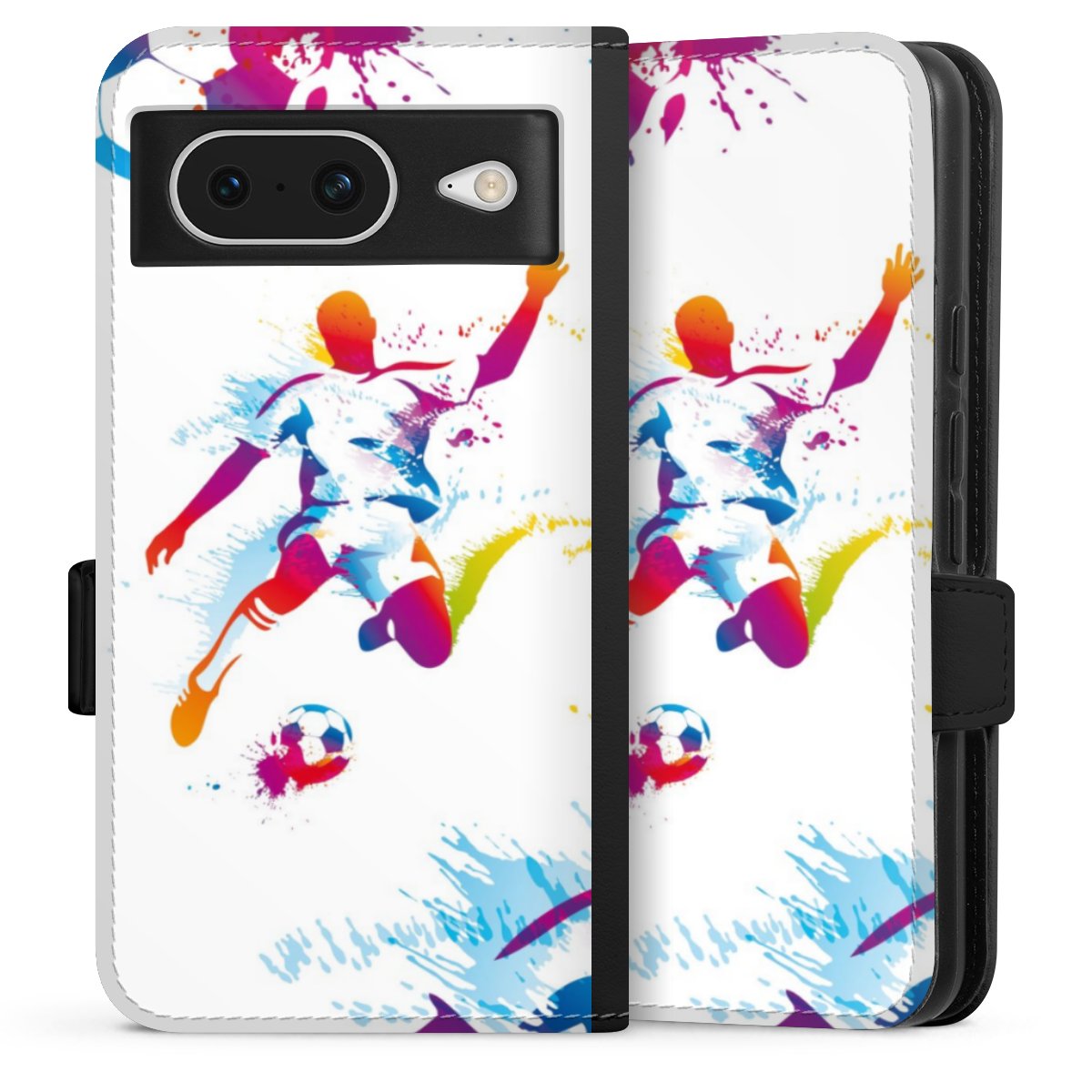 Google Pixel 8 Handy Klapphülle Handyhülle aus Kunst Leder schwarz Flip Case Sports Soccer Muster Sideflip mit Lasche