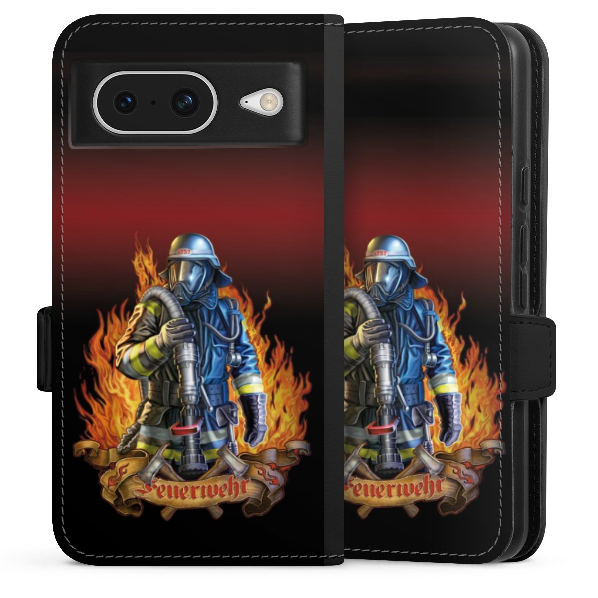 Google Pixel 8 Handy Klapphülle Handyhülle aus Kunst Leder schwarz Flip Case Job Fire Fighter Fire Fighters Sideflip mit Lasche