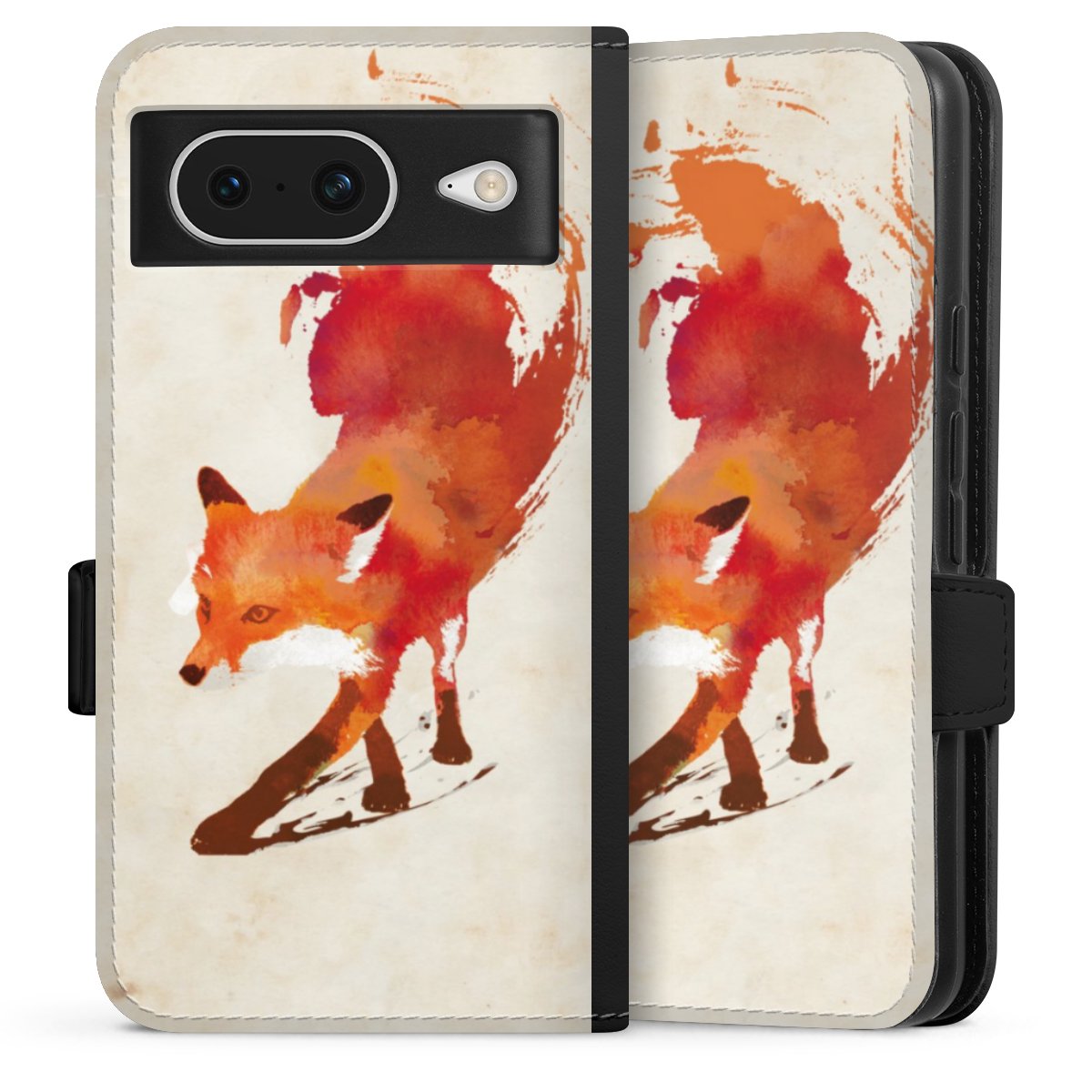 Google Pixel 8 Handy Klapphülle Handyhülle aus Kunst Leder schwarz Flip Case Fox Graphic Sideflip mit Lasche