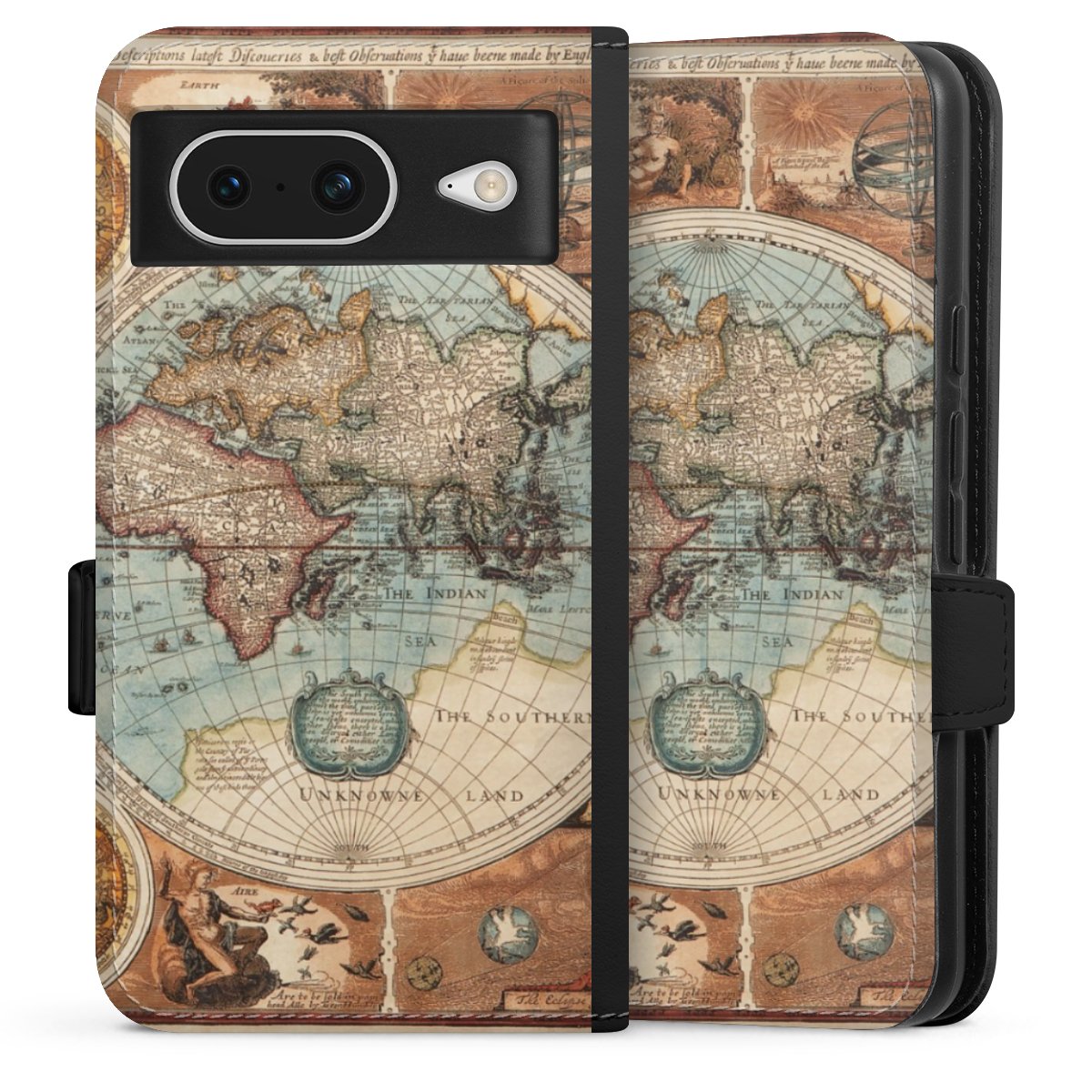 Google Pixel 8 Handy Klapphülle Handyhülle aus Kunst Leder schwarz Flip Case World Map Vintage Map Sideflip mit Lasche