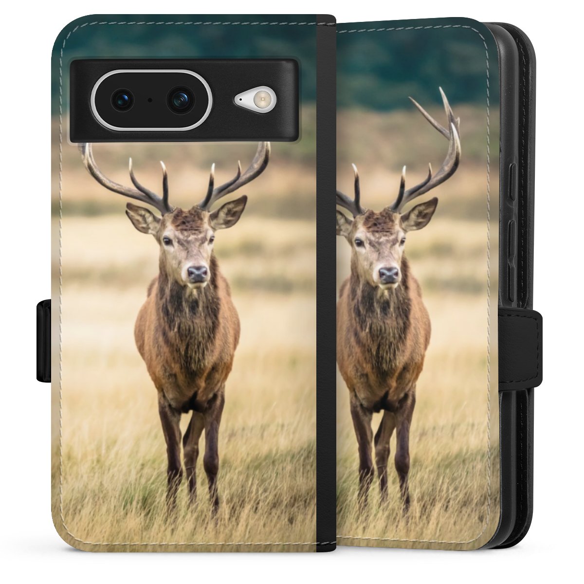 Google Pixel 8 Handy Klapphülle Handyhülle aus Kunst Leder schwarz Flip Case Deer Meadow Forrest Sideflip mit Lasche