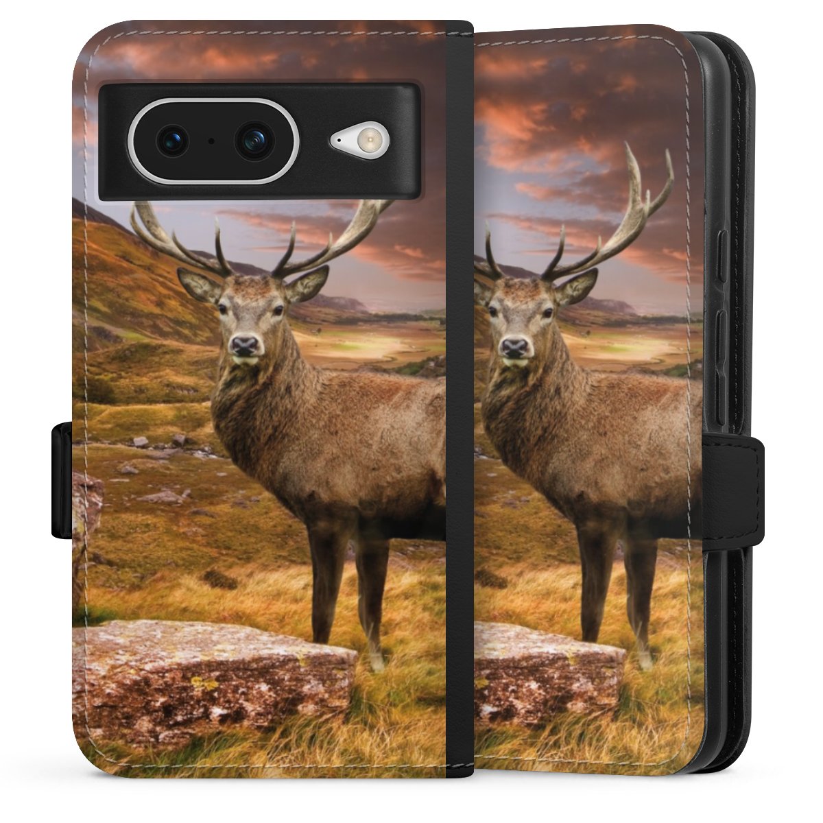 Google Pixel 8 Handy Klapphülle Handyhülle aus Kunst Leder schwarz Flip Case Meadow Mountain Deer Sideflip mit Lasche