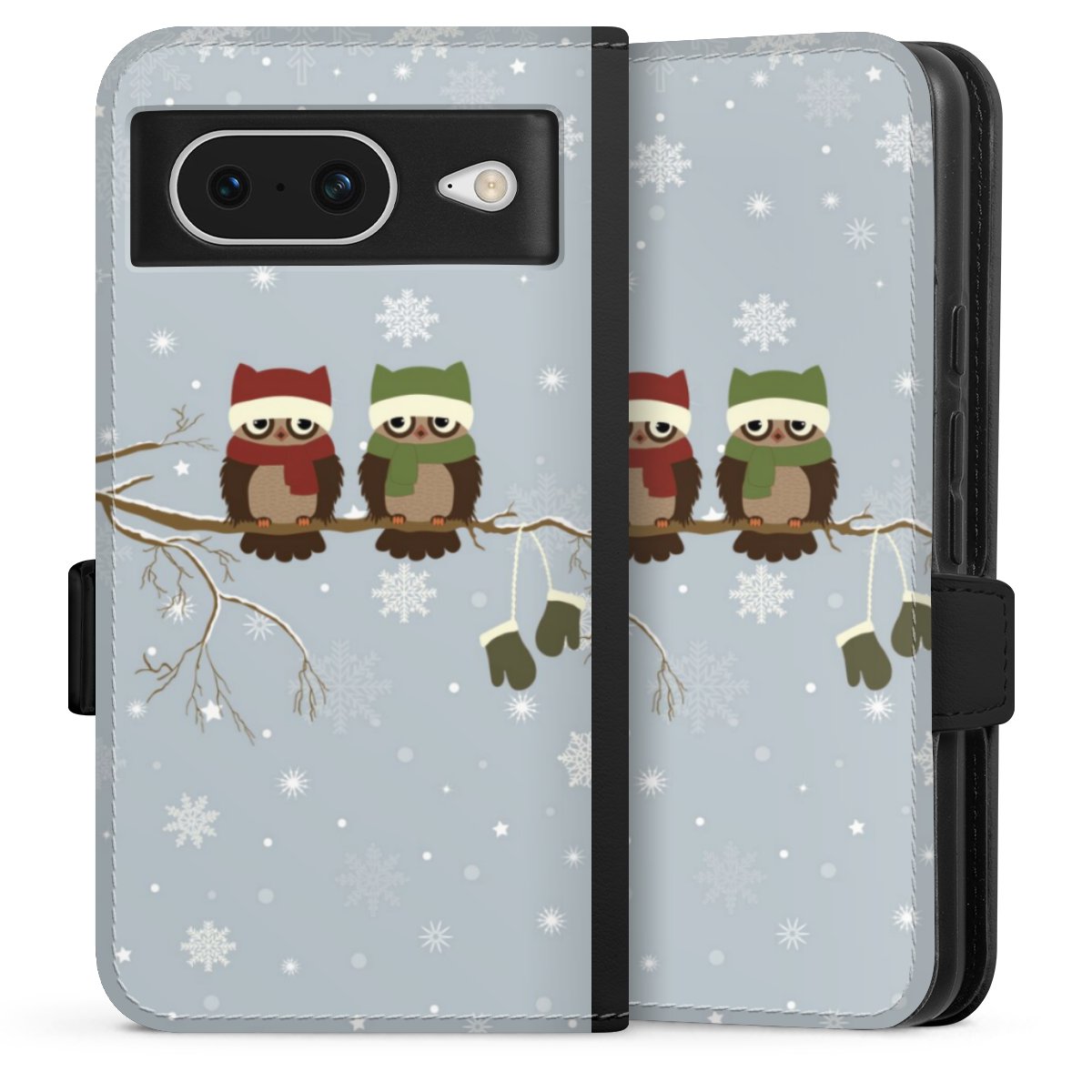 Google Pixel 8 Handy Klapphülle Handyhülle aus Kunst Leder schwarz Flip Case Owl Winter Christmas Sideflip mit Lasche