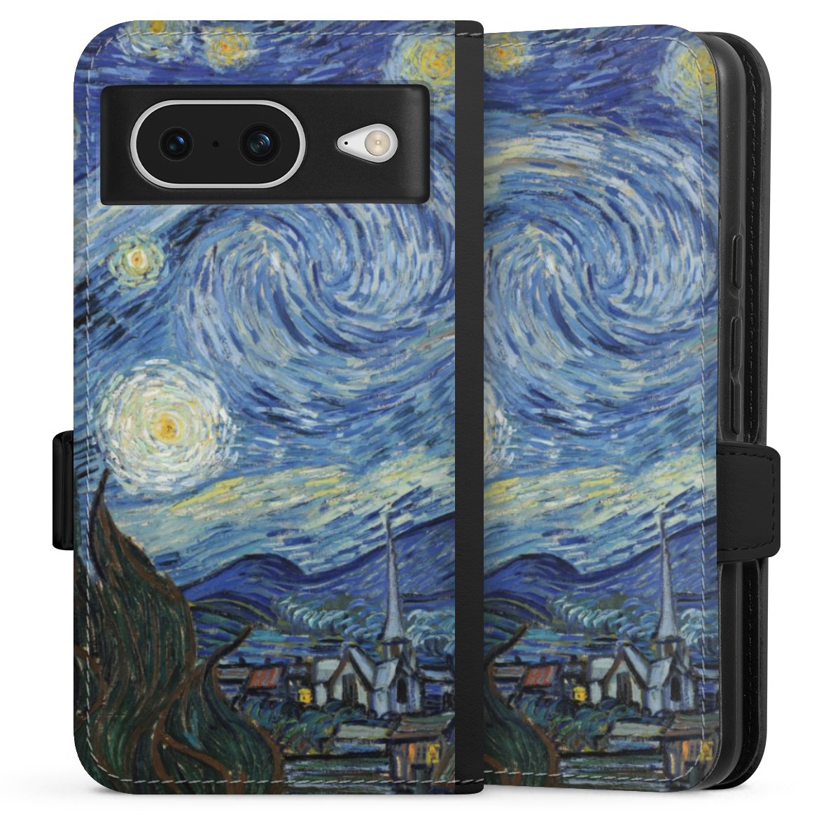 Google Pixel 8 Handy Klapphülle Handyhülle aus Kunst Leder schwarz Flip Case The Starry Night Kunst Vincent Van Gogh Sideflip mit Lasche