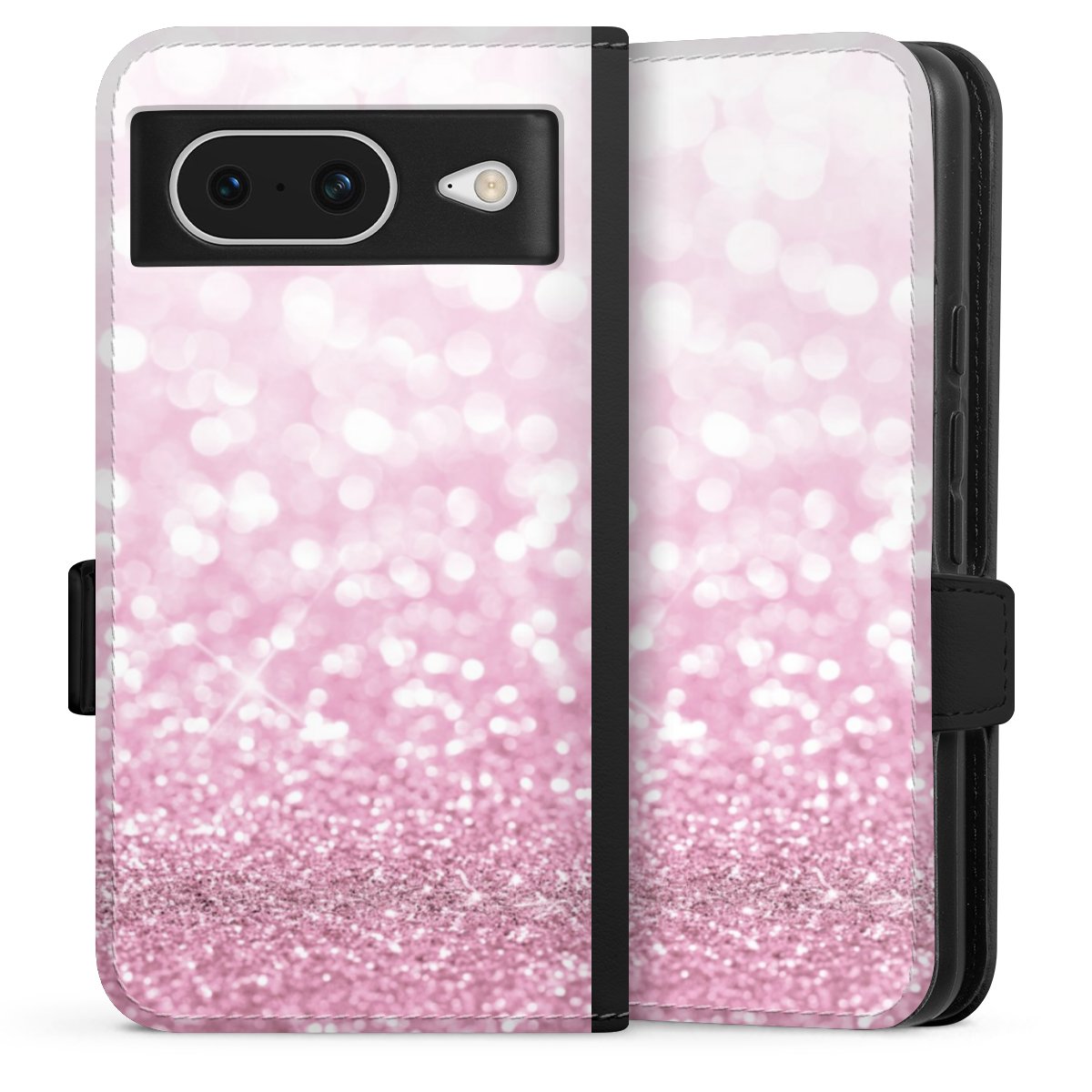 Google Pixel 8 Handy Klapphülle Handyhülle aus Kunst Leder schwarz Flip Case Glitzer Pink Shine Sideflip mit Lasche