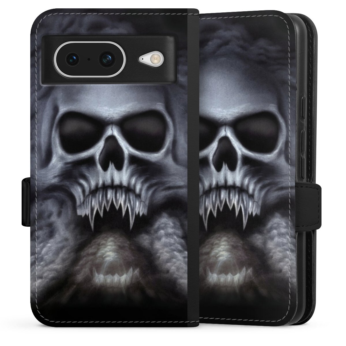 Google Pixel 8 Handy Klapphülle Handyhülle aus Kunst Leder schwarz Flip Case Totenkopf Skull Sideflip mit Lasche