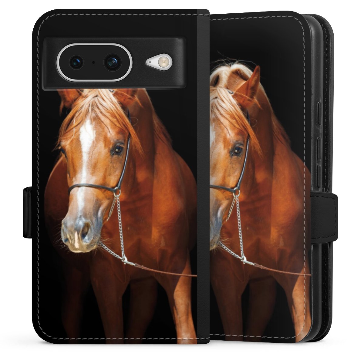 Google Pixel 8 Handy Klapphülle Handyhülle aus Kunst Leder schwarz Flip Case Mare Horse Hobby Sideflip mit Lasche