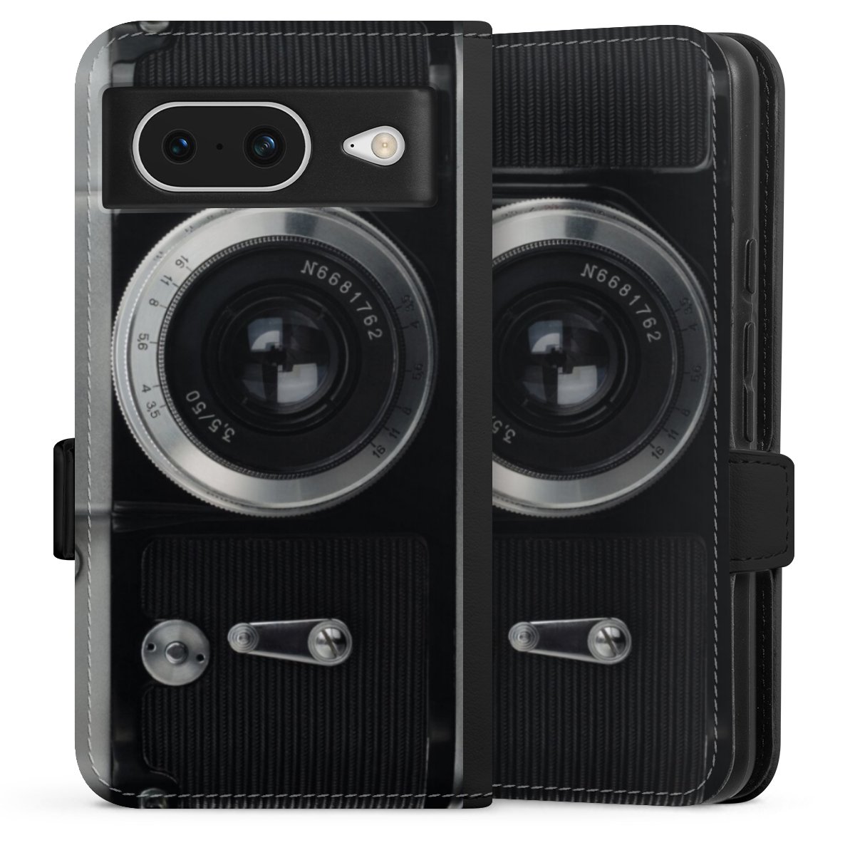 Google Pixel 8 Handy Klapphülle Handyhülle aus Kunst Leder schwarz Flip Case Lens Camera Photography Sideflip mit Lasche