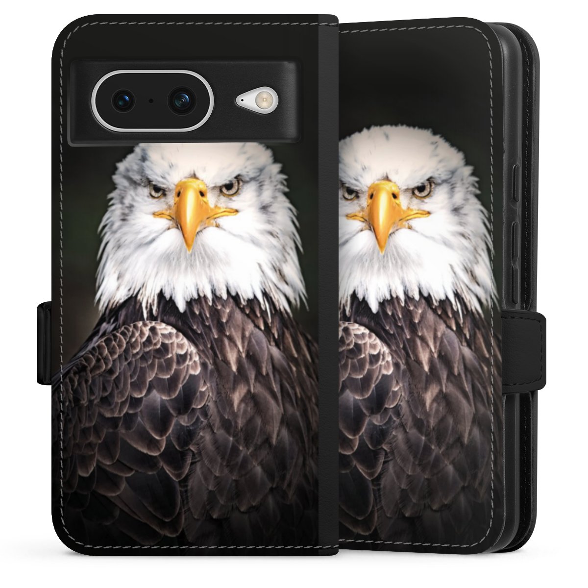 Google Pixel 8 Handy Klapphülle Handyhülle aus Kunst Leder schwarz Flip Case Eagle Bird Sideflip mit Lasche