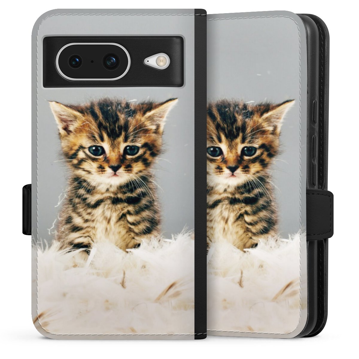 Google Pixel 8 Handy Klapphülle Handyhülle aus Kunst Leder schwarz Flip Case Cat Feather Pet Sideflip mit Lasche