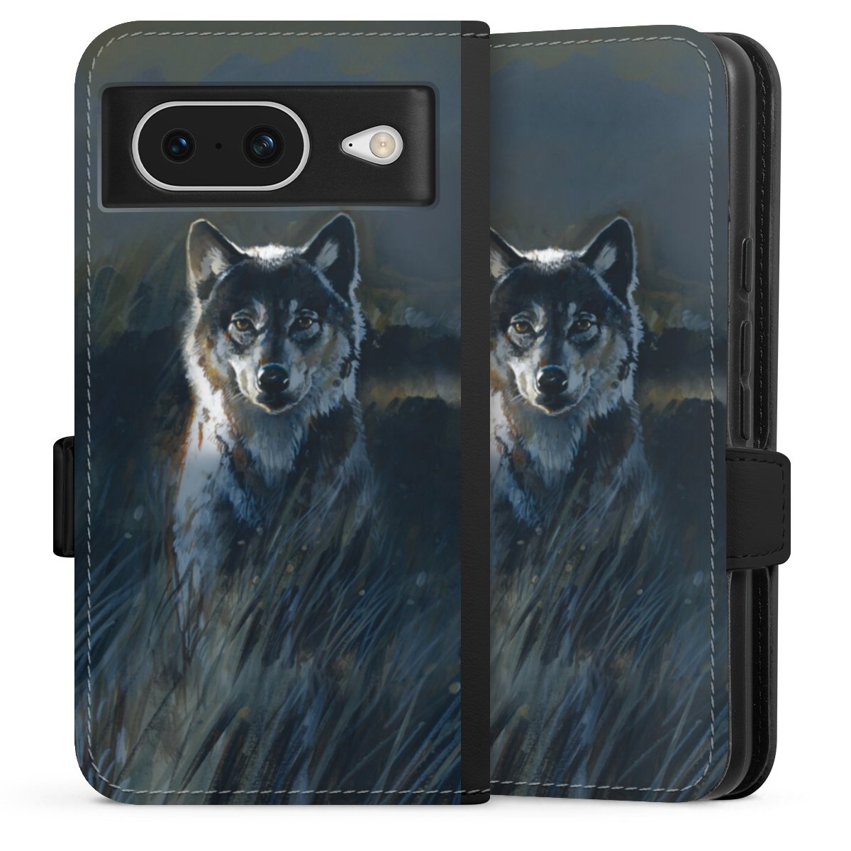 Google Pixel 8 Handy Klapphülle Handyhülle aus Kunst Leder schwarz Flip Case Nature Wolf Painting Sideflip mit Lasche