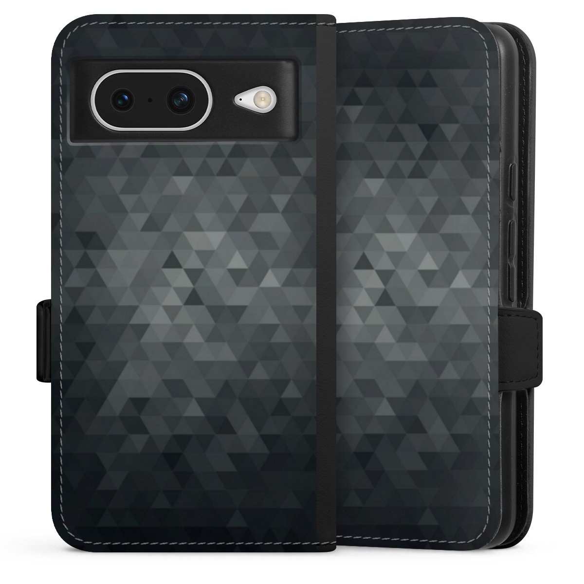 Google Pixel 8 Handy Klapphülle Handyhülle aus Kunst Leder schwarz Flip Case Black Triangle Muster Sideflip mit Lasche