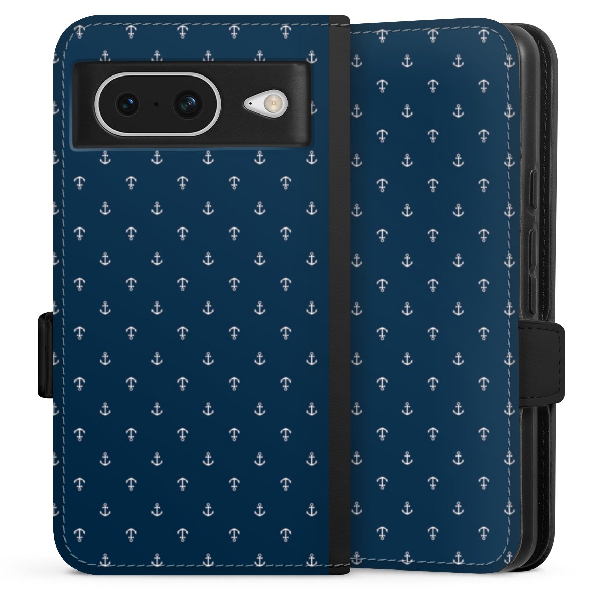 Google Pixel 8 Handy Klapphülle Handyhülle aus Kunst Leder schwarz Flip Case Muster Anchor Sail Sideflip mit Lasche