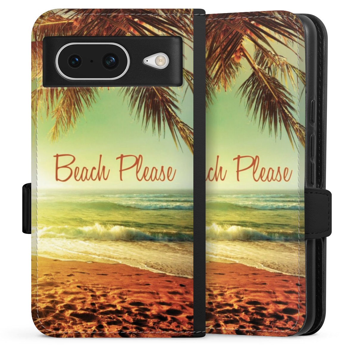 Google Pixel 8 Handy Klapphülle Handyhülle aus Kunst Leder schwarz Flip Case Beach Urlaub Palm Tree Sideflip mit Lasche