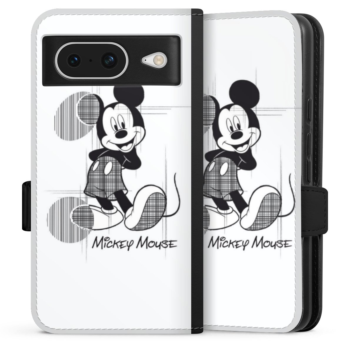 Google Pixel 8 Handy Klapphülle Handyhülle aus Kunst Leder schwarz Flip Case Disney Official Licensed Product Mickey Mouse Sideflip mit Lasche