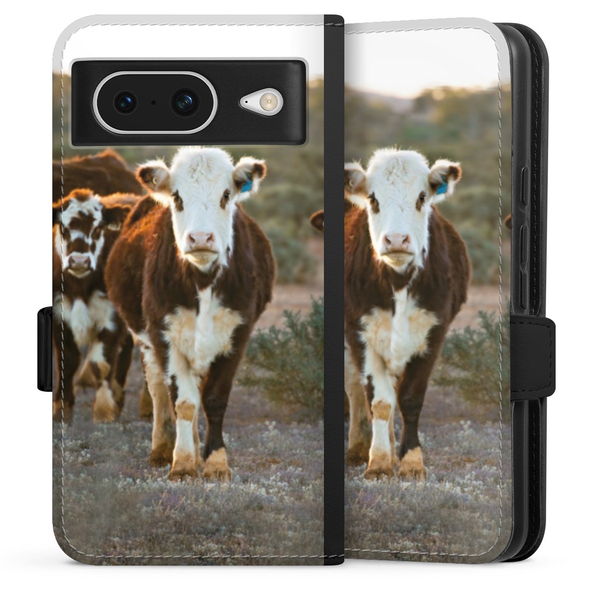 Google Pixel 8 Handy Klapphülle Handyhülle aus Kunst Leder schwarz Flip Case Cow Farmer Calf Sideflip mit Lasche