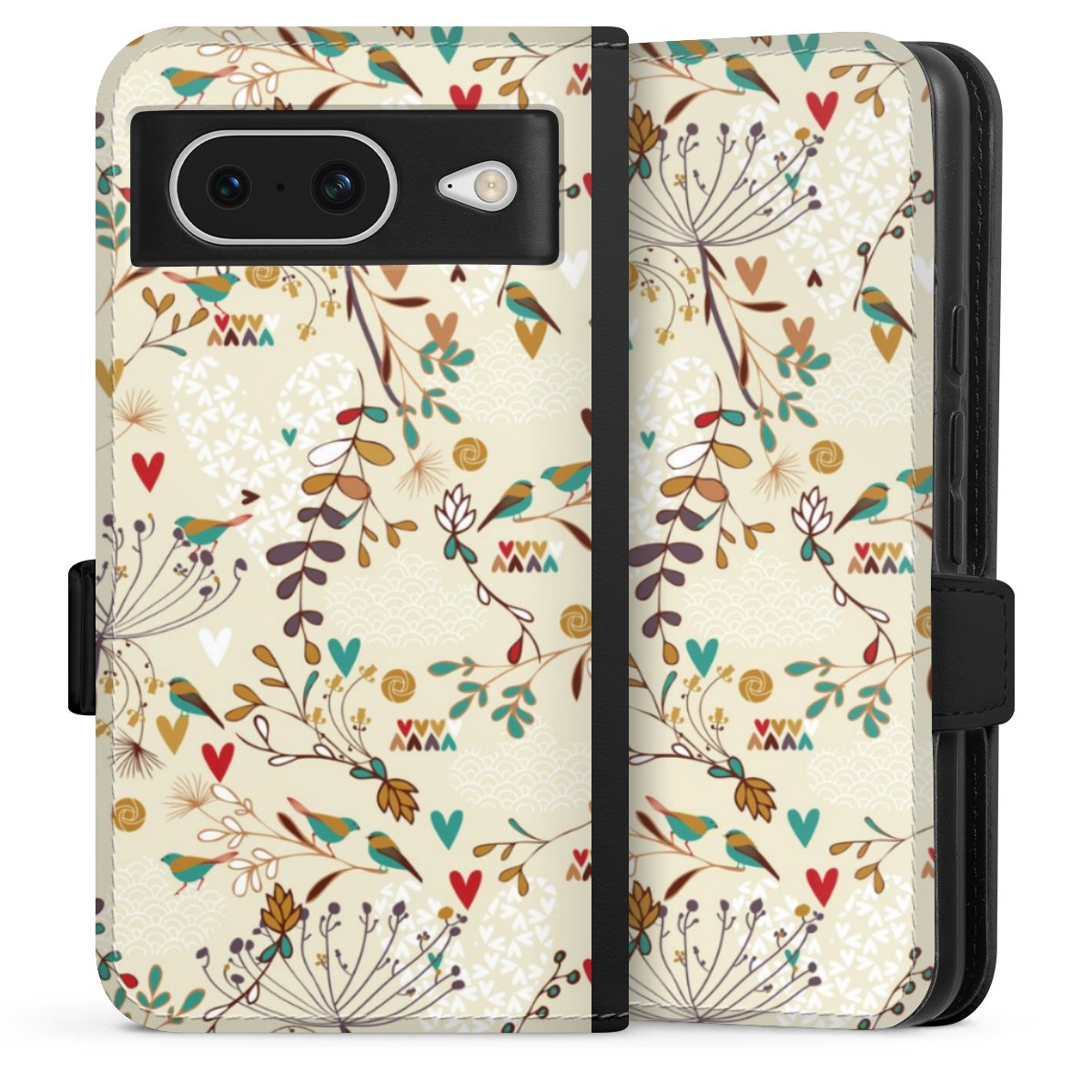 Google Pixel 8 Handy Klapphülle Handyhülle aus Kunst Leder schwarz Flip Case Bird Flowers Retro Sideflip mit Lasche