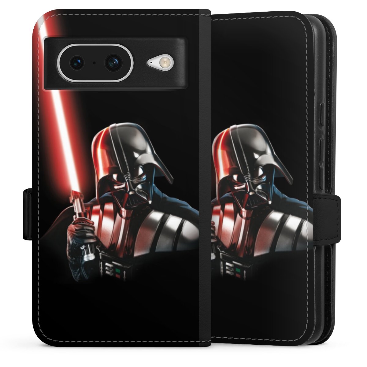 Google Pixel 8 Handy Klapphülle Handyhülle aus Kunst Leder schwarz Flip Case Star Wars Merchandise Darth Vader Sideflip mit Lasche