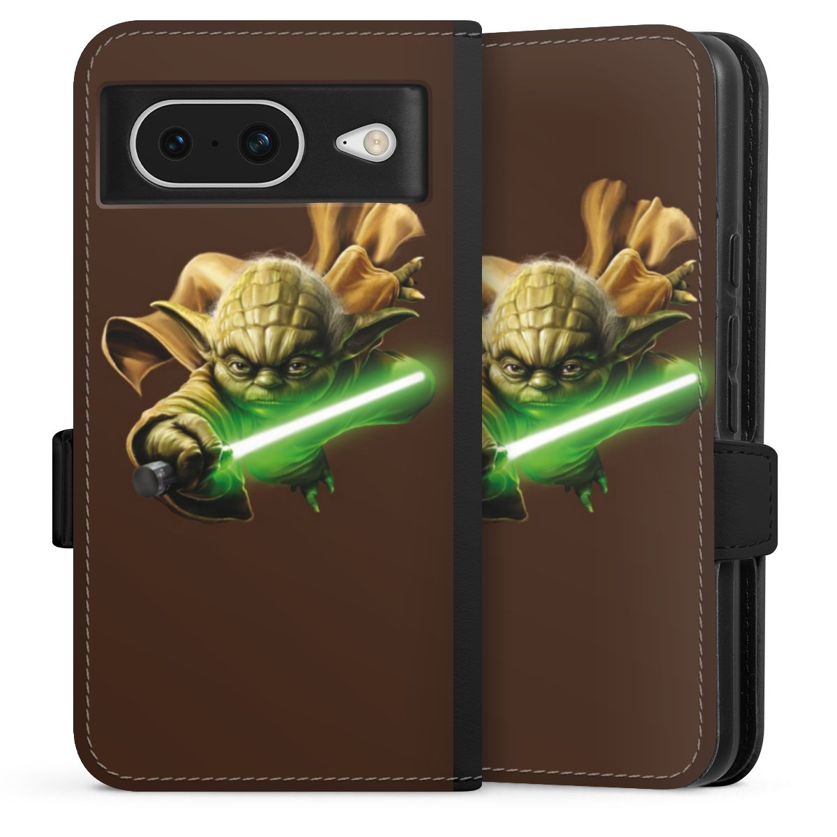 Google Pixel 8 Handy Klapphülle Handyhülle aus Kunst Leder schwarz Flip Case Yoda Merchandise Star Wars Sideflip mit Lasche