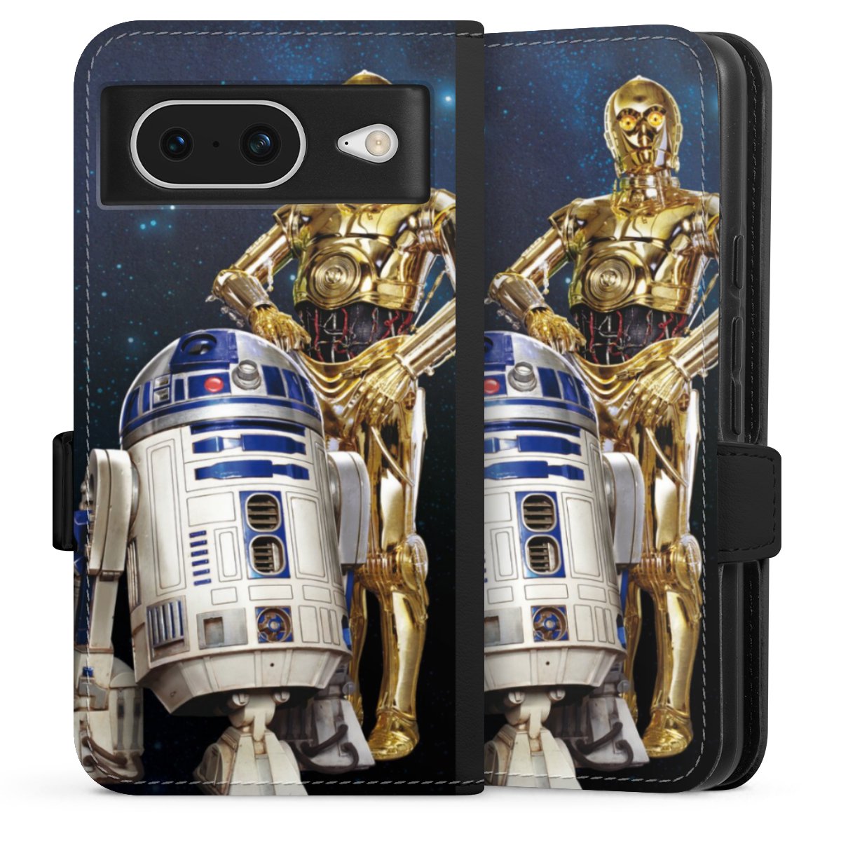 Google Pixel 8 Handy Klapphülle Handyhülle aus Kunst Leder schwarz Flip Case Weltall Star Wars R2d2 Sideflip mit Lasche