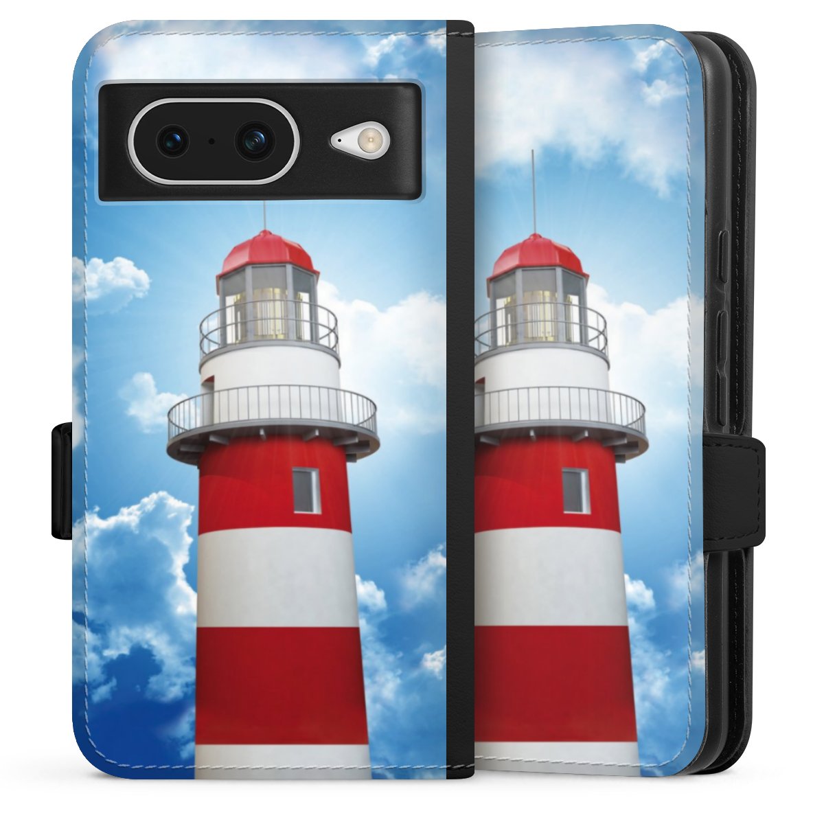 Google Pixel 8 Handy Klapphülle Handyhülle aus Kunst Leder schwarz Flip Case Lighthouse Sky Cloud Sideflip mit Lasche