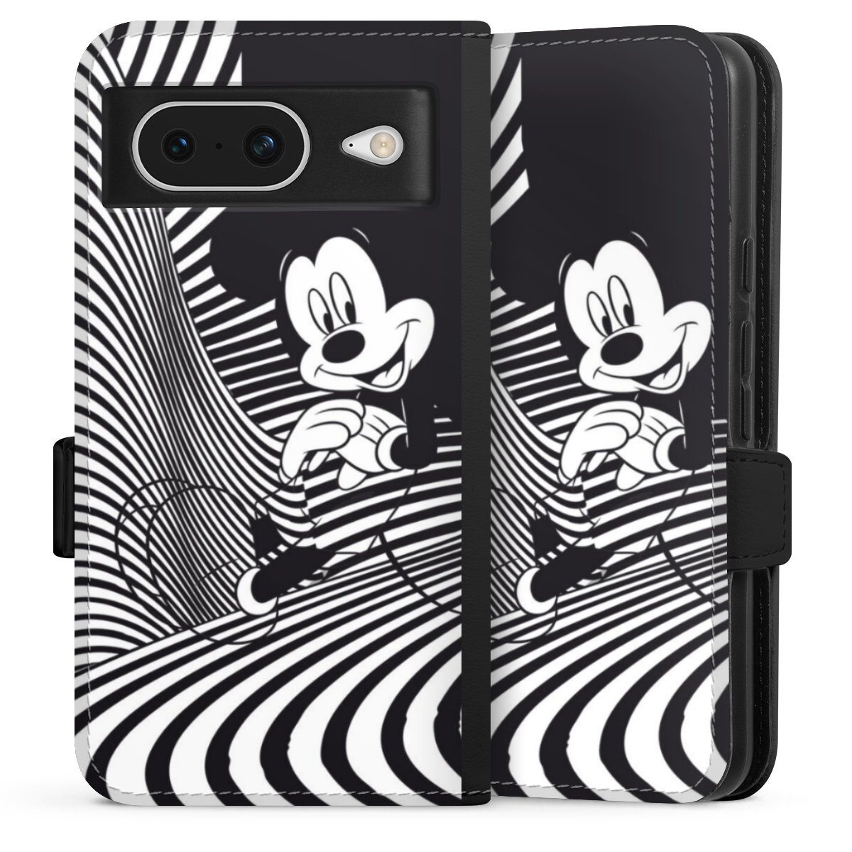 Google Pixel 8 Handy Klapphülle Handyhülle aus Kunst Leder schwarz Flip Case Disney Official Licensed Product Mickey Mouse Sideflip mit Lasche