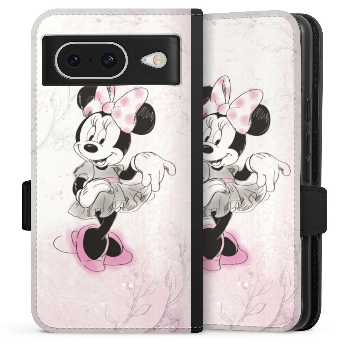 Google Pixel 8 Handy Klapphülle Handyhülle aus Kunst Leder schwarz Flip Case Disney Minnie Mouse Vintage Sideflip mit Lasche