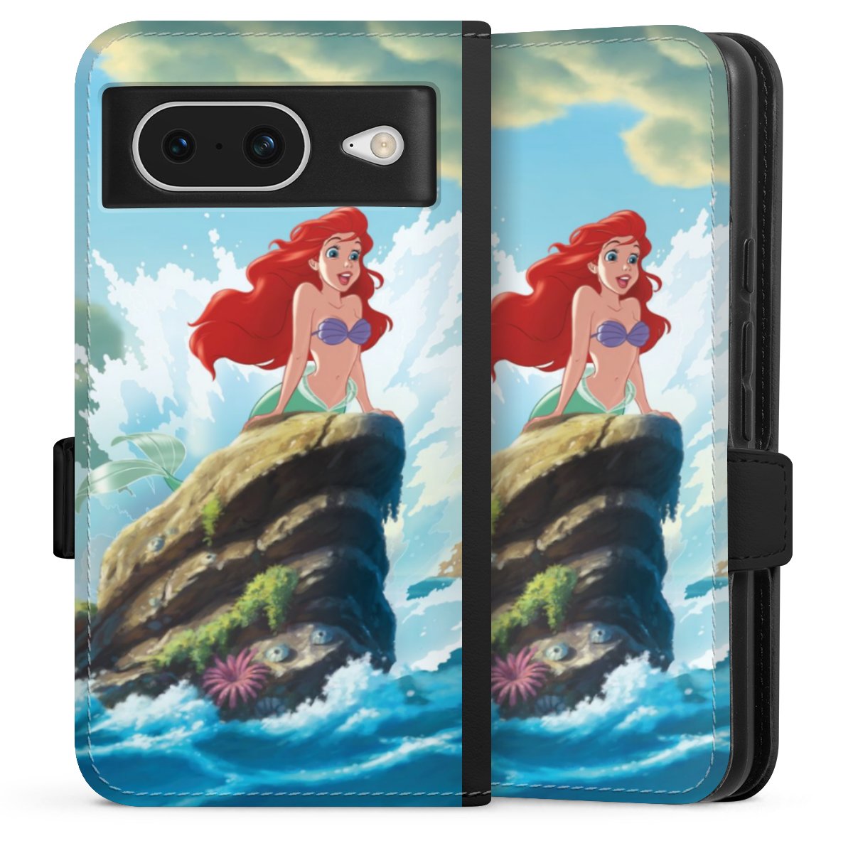 Google Pixel 8 Handy Klapphülle Handyhülle aus Kunst Leder schwarz Flip Case Mermaid Arielle Die Meerjungfrau Official Licensed Product Sideflip mit Lasche