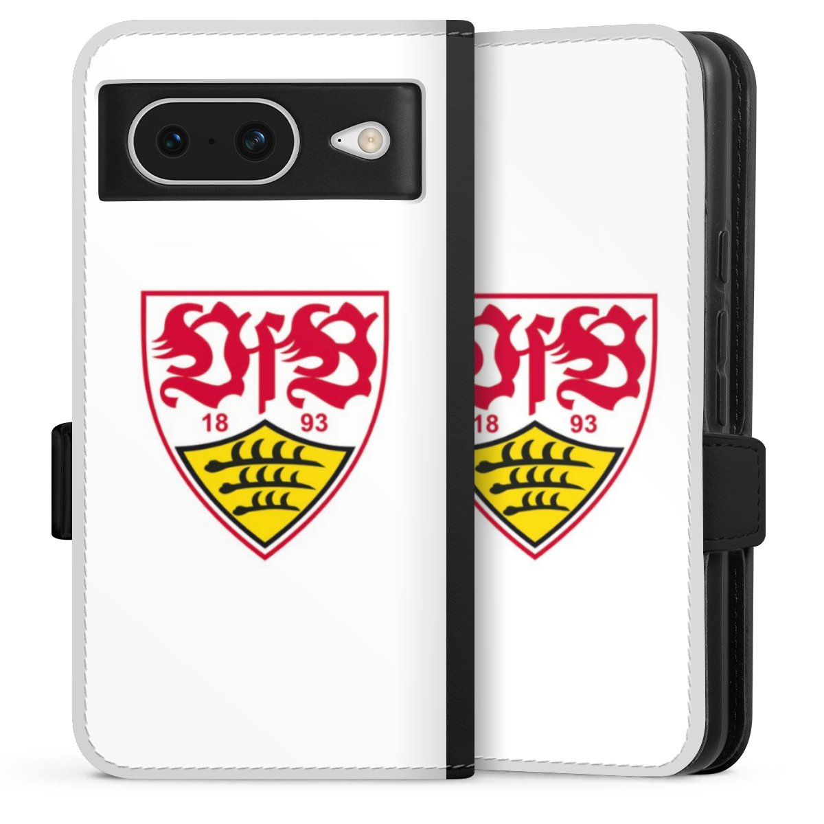 Google Pixel 8 Handy Klapphülle Handyhülle aus Kunst Leder schwarz Flip Case Logo Official Licensed Product Vfb Stuttgart Sideflip mit Lasche