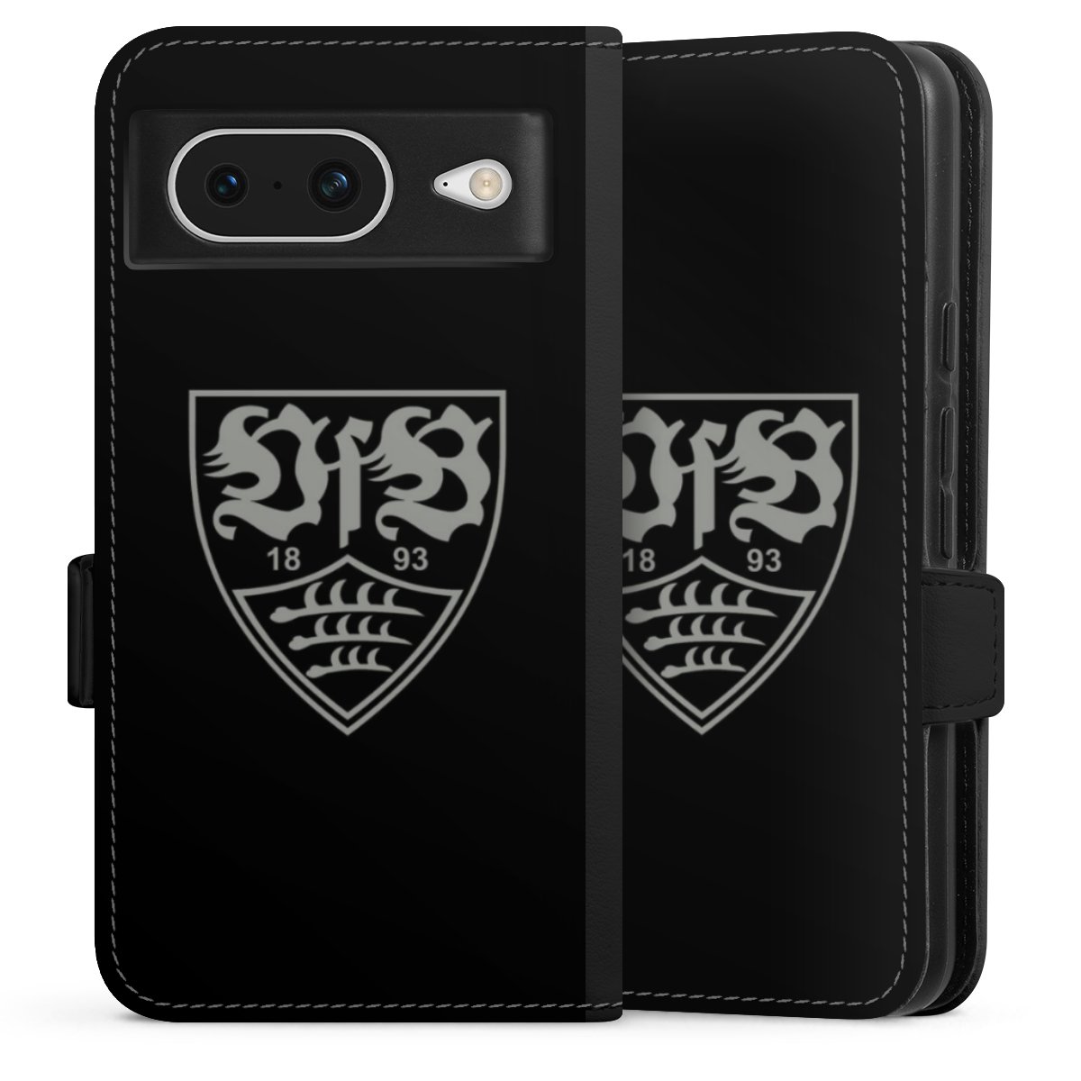 Google Pixel 8 Handy Klapphülle Handyhülle aus Kunst Leder schwarz Flip Case Official Licensed Product Vfb Stuttgart Sideflip mit Lasche