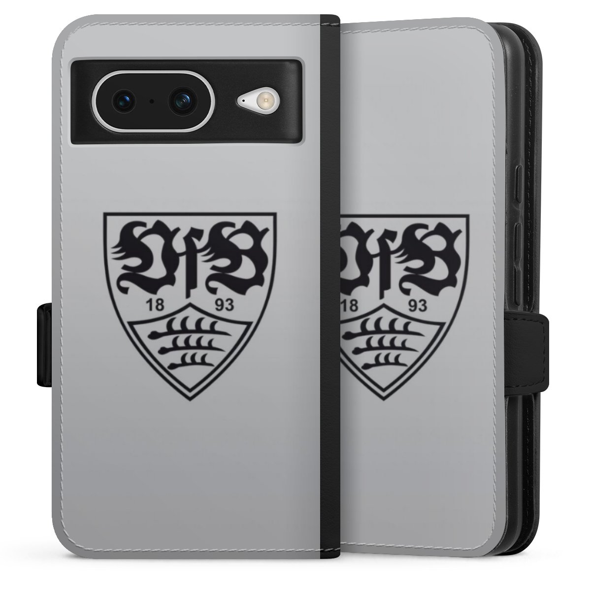 Google Pixel 8 Handy Klapphülle Handyhülle aus Kunst Leder schwarz Flip Case Logo Vfb Stuttgart Official Licensed Product Sideflip mit Lasche