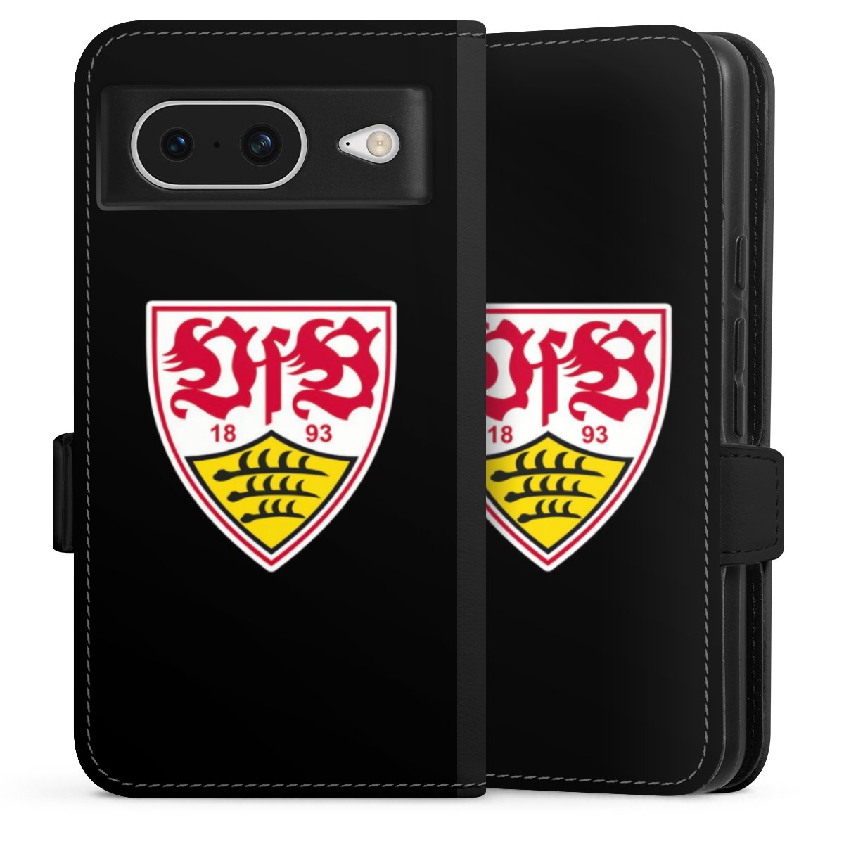 Google Pixel 8 Handy Klapphülle Handyhülle aus Kunst Leder schwarz Flip Case Vfb Stuttgart Official Licensed Product Coat Of Arms Sideflip mit Lasche