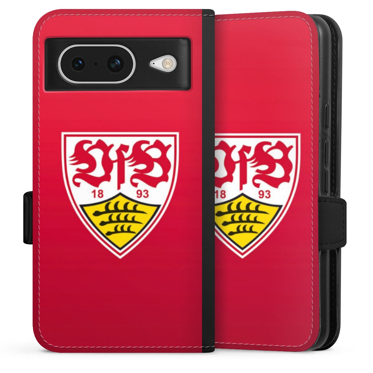 Google Pixel 8 Handy Klapphülle Handyhülle aus Kunst Leder schwarz Flip Case Official Licensed Product Vfb Stuttgart Sideflip mit Lasche