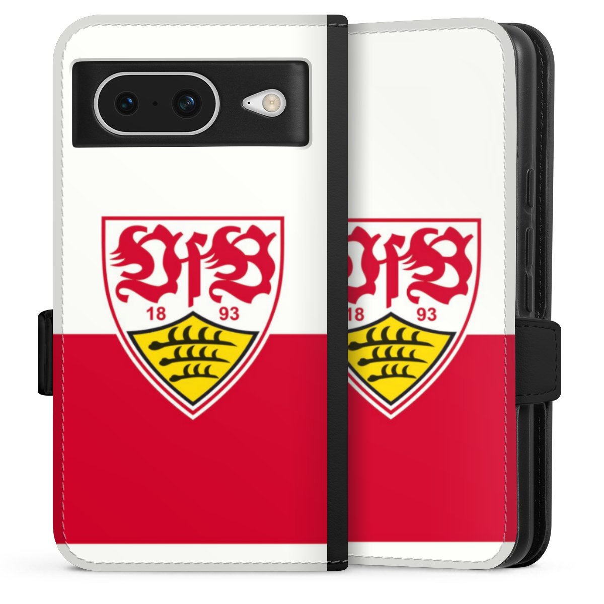 Google Pixel 8 Handy Klapphülle Handyhülle aus Kunst Leder schwarz Flip Case Official Licensed Product Logo Vfb Stuttgart Sideflip mit Lasche