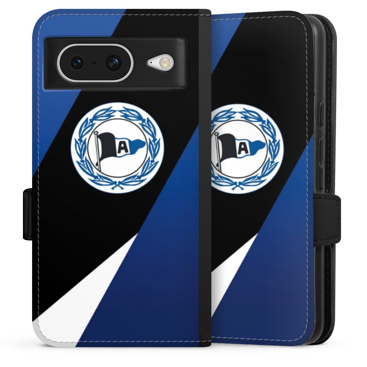 Google Pixel 8 Handy Klapphülle Handyhülle aus Kunst Leder schwarz Flip Case Official Licensed Product Arminia Bielefeld Dsc Sideflip mit Lasche