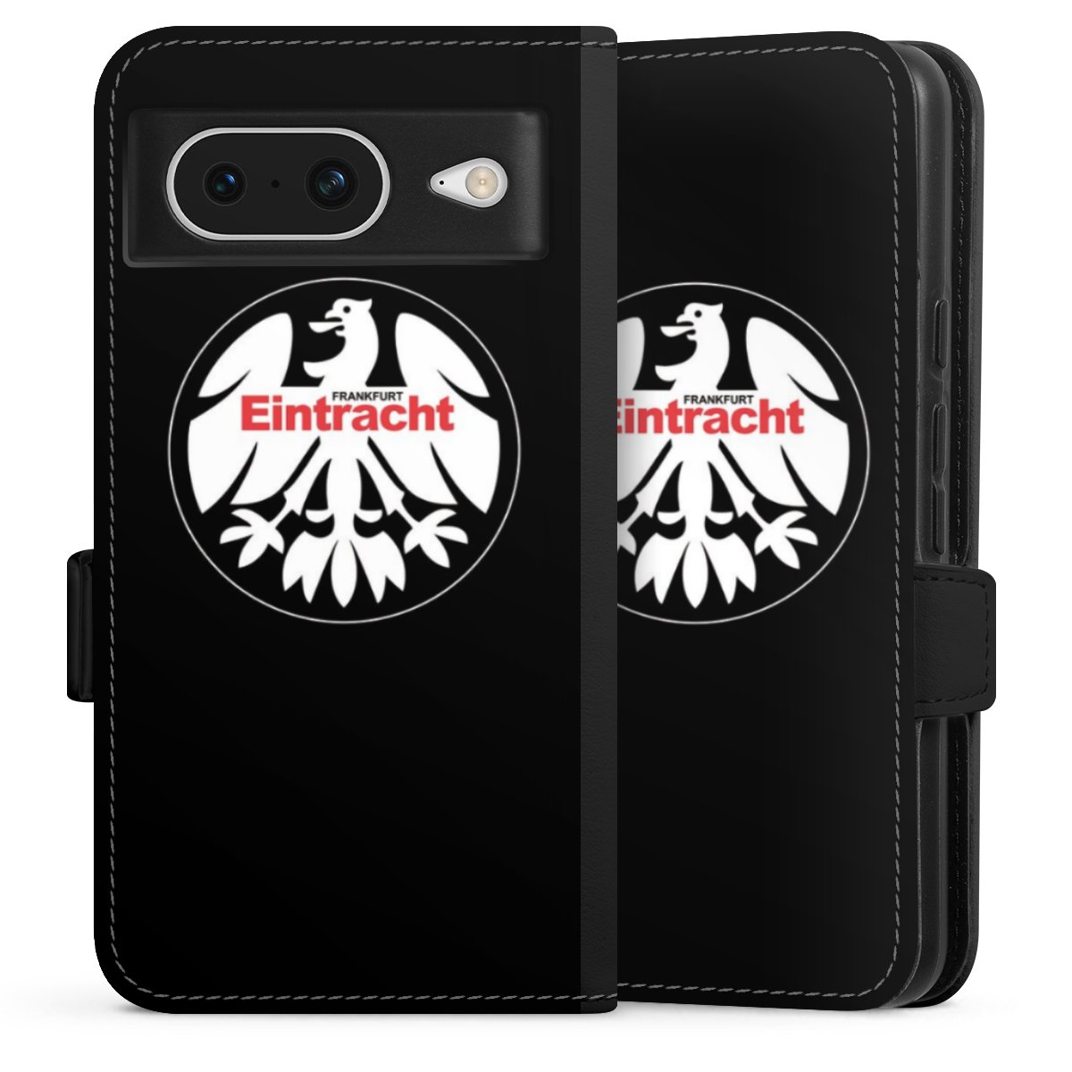 Google Pixel 8 Handy Klapphülle Handyhülle aus Kunst Leder schwarz Flip Case Official Licensed Product Eintracht Frankfurt Sge Sideflip mit Lasche