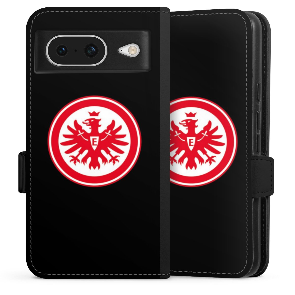 Google Pixel 8 Handy Klapphülle Handyhülle aus Kunst Leder schwarz Flip Case Eintracht Frankfurt Sge Eagle Sideflip mit Lasche