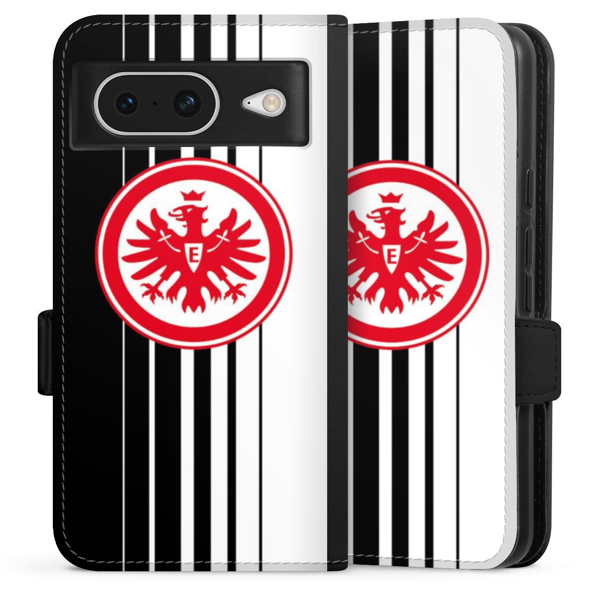 Google Pixel 8 Handy Klapphülle Handyhülle aus Kunst Leder schwarz Flip Case Stripes Eintracht Frankfurt Official Licensed Product Sideflip mit Lasche