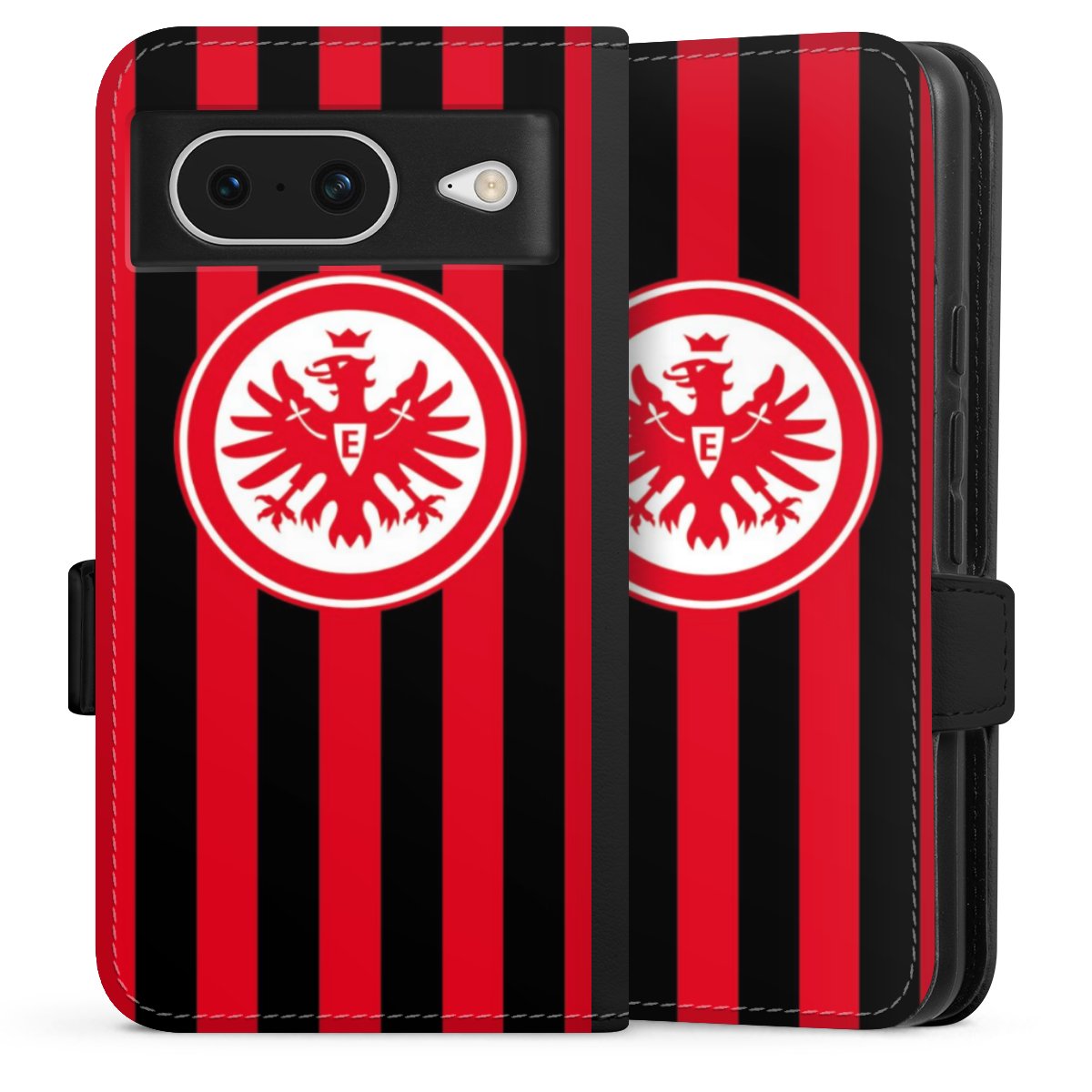 Google Pixel 8 Handy Klapphülle Handyhülle aus Kunst Leder schwarz Flip Case Stripes Sge Eintracht Frankfurt Sideflip mit Lasche