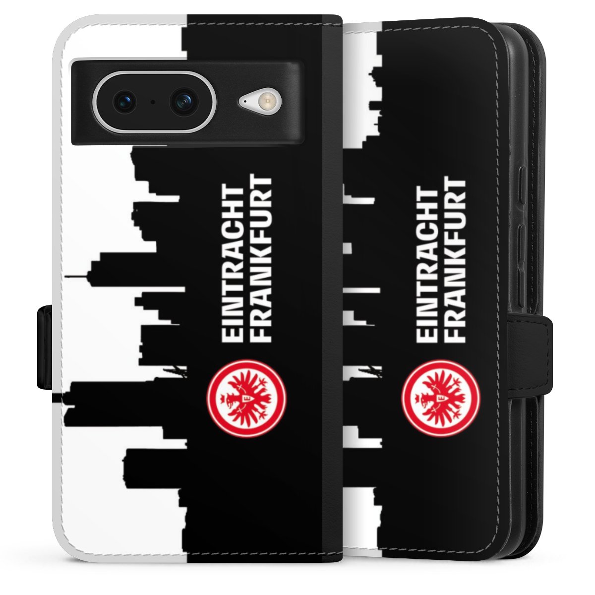 Google Pixel 8 Handy Klapphülle Handyhülle aus Kunst Leder schwarz Flip Case Sge Eintracht Frankfurt Official Licensed Product Sideflip mit Lasche