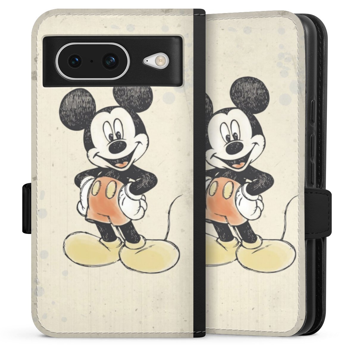 Google Pixel 8 Handy Klapphülle Handyhülle aus Kunst Leder schwarz Flip Case Water Colour Mickey & Minnie Mouse Official Licensed Product Sideflip mit Lasche